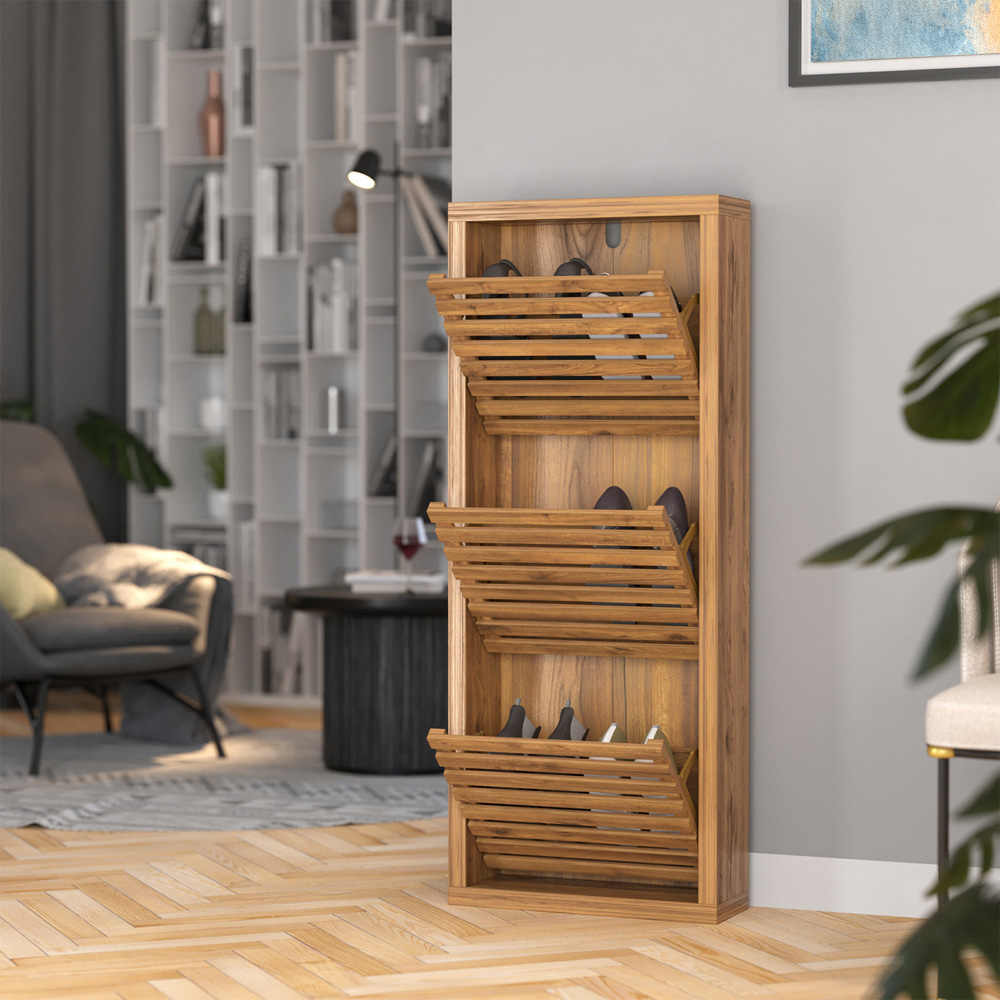 Flexi Storage Erik 3 Door Mango Wood Effect Slatted Consealed Shoe Cabinet Image 7
