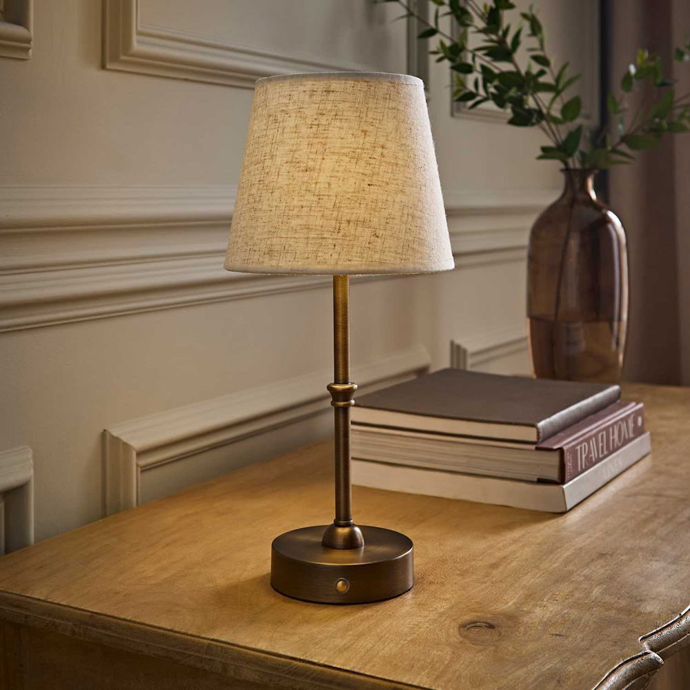 ValueLights Lowe Linen Tapered Shade Brass Portable Rechargeable Table Lamp with Bulb Image 6