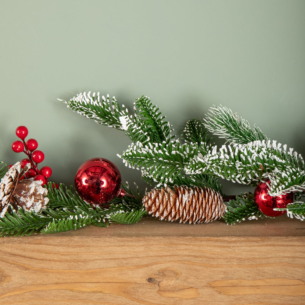 Samuel Alexander Frosted Pinecone Garland with Red Berries and Baubles 190cm Image 8