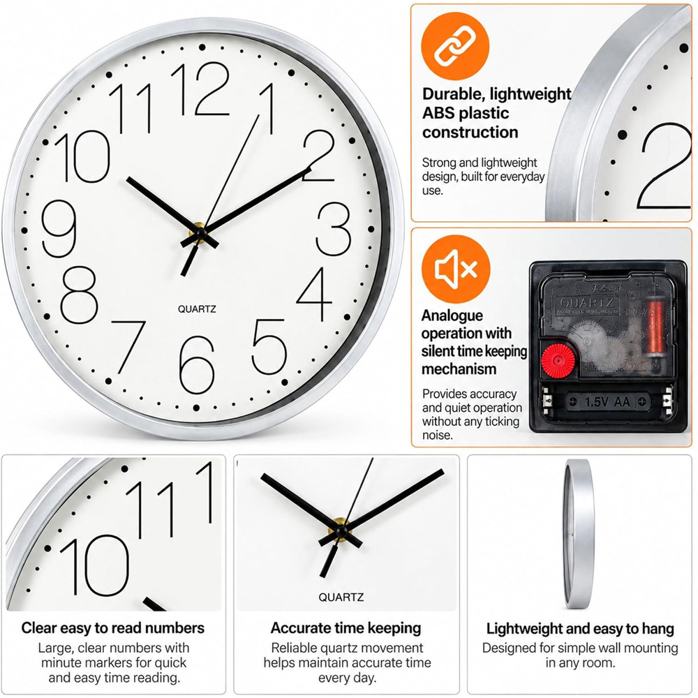 Marco Paul White Round Wall Clock with Silver Rim 28cm Image 5