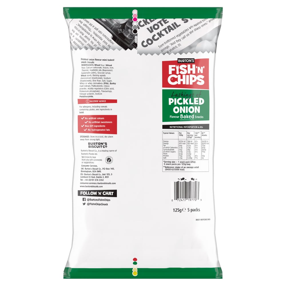 Burton's Fish 'n' Chips Lashings of Pickled Onion Flavour Baked Snacks 5 Snack Bags 125g Image 3