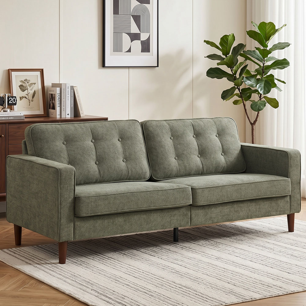 HOMCOM 3 Seater Green Button Tufted Wooden Legs Sofa Image