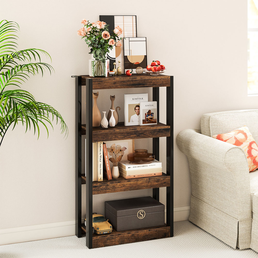 Costway 4 Tier Rustic Brown Wooden Bookcase with Dual Anti Tipping Kits Image 4