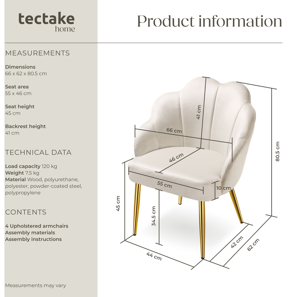 tectake Hellen Set of 4 Cream and Gold Shell Shaped Velvet Accent Chair Image 9
