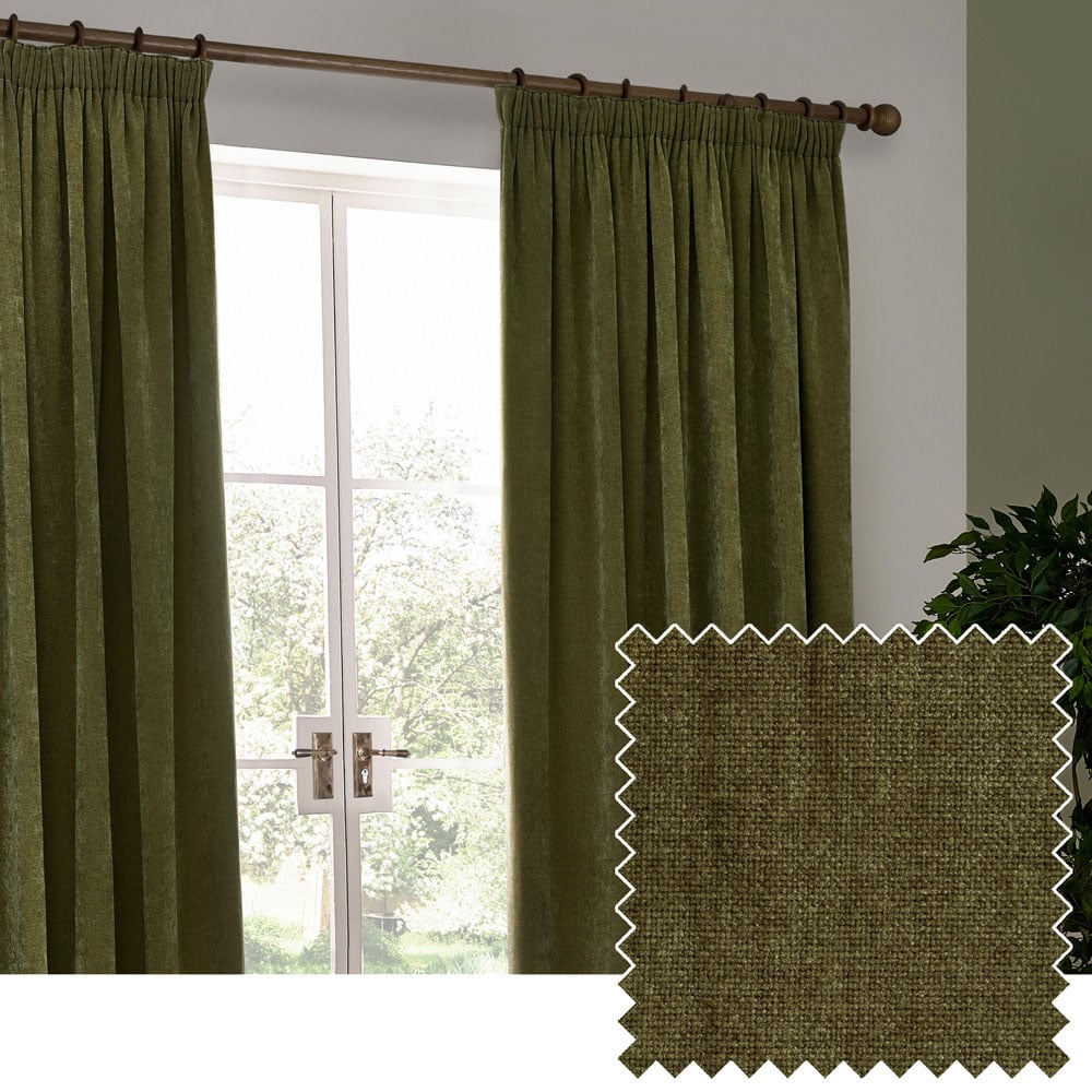 Yard Heavy Olive Chenille Velvet Pencil Pleat Curtains 229 x 137cm Image 4