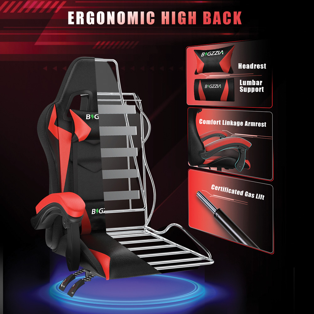 Rattrix Red Height Adjustable Lumbar Backrest Gaming Chair with Headrest and LED Light Image 7