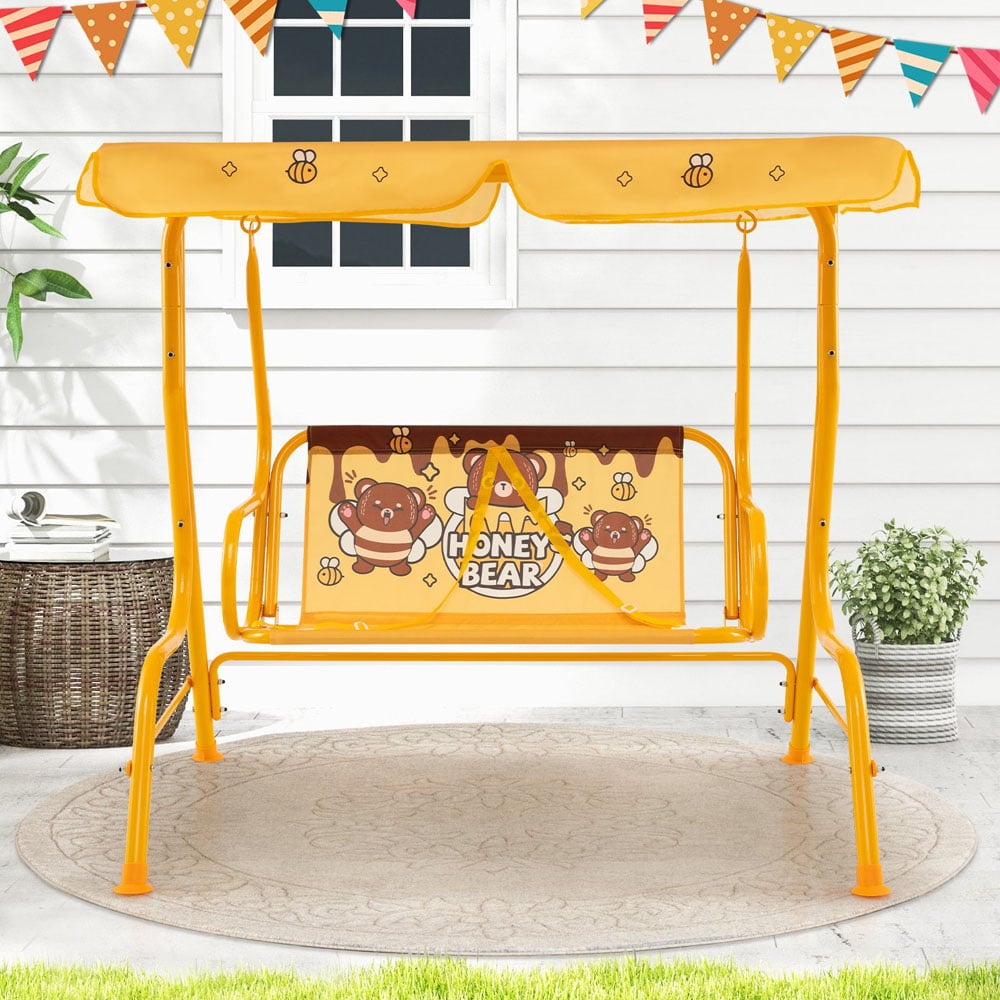 Costway 2 Seater Orange Kids Patio Swing Chair with Adjustable Canopy and Safety Belt Image 4