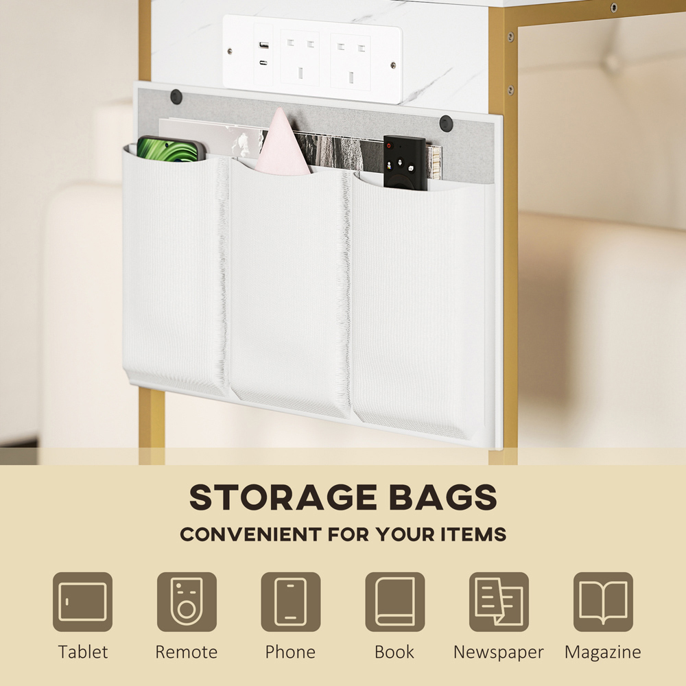 HOMCOM White and Gold C Shaped Bedside Table with Charging Station Image 6