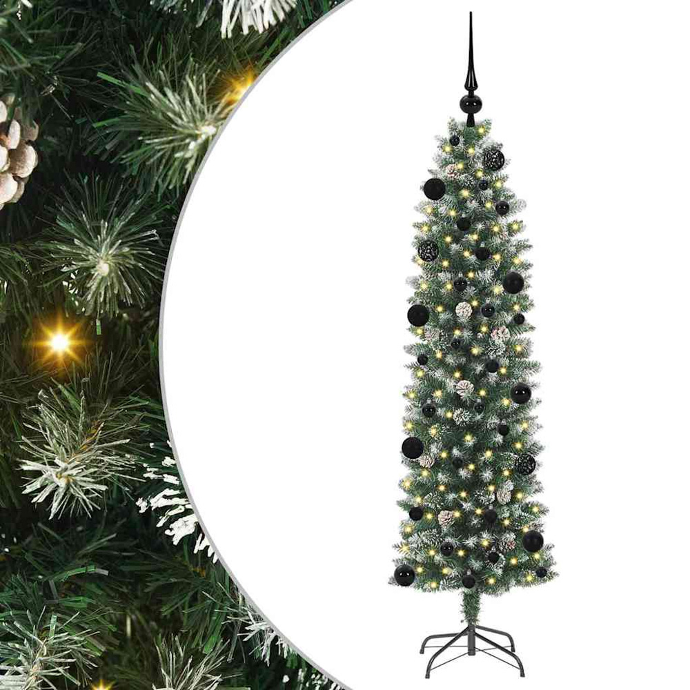 vidaXL Pre-Lit Warm White LED and Black Baubles Green Slim Artificial Christmas Tree 5ft Image 7