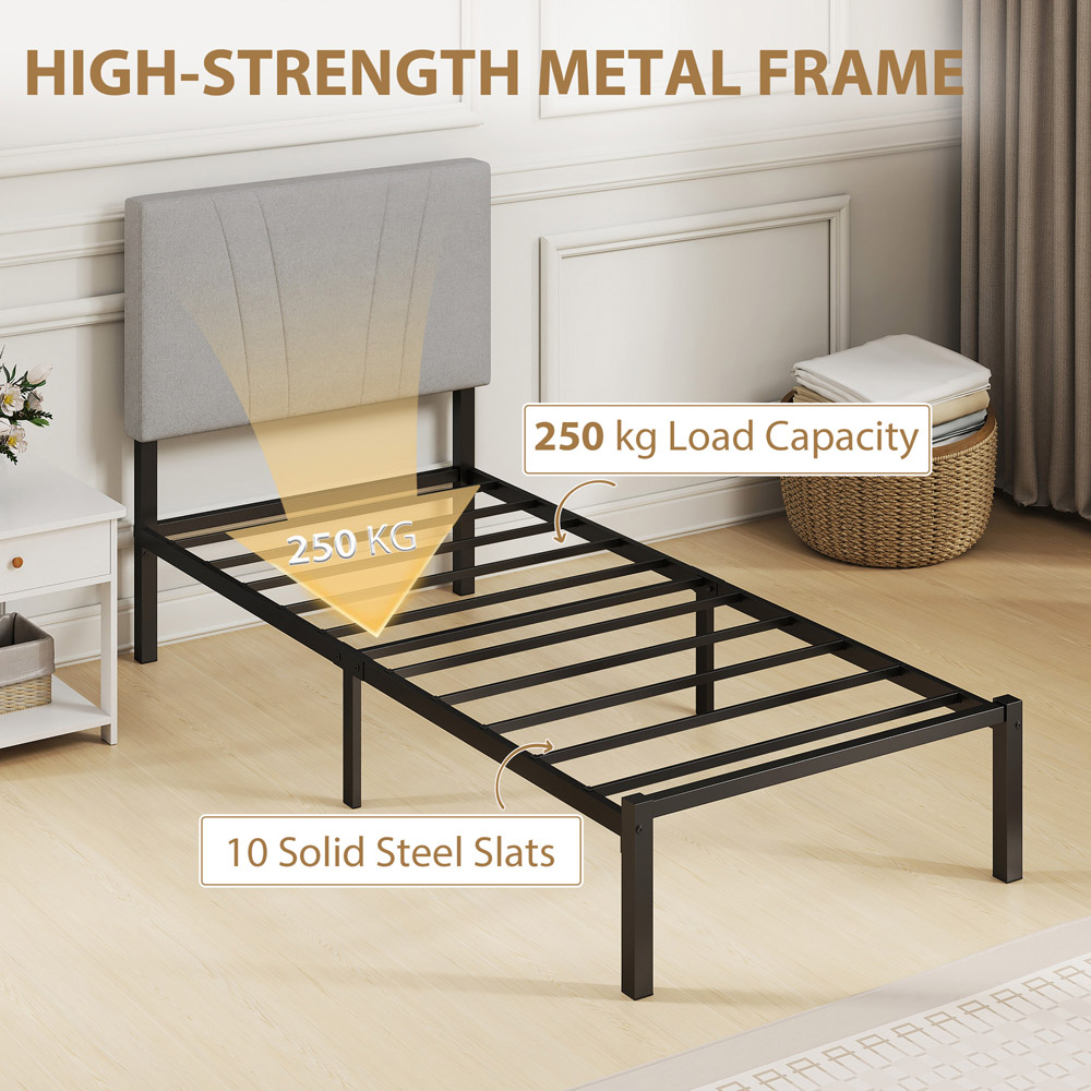 HOMCOM Single Black and Grey Bed Frame with Upholstered Headboard Image 7