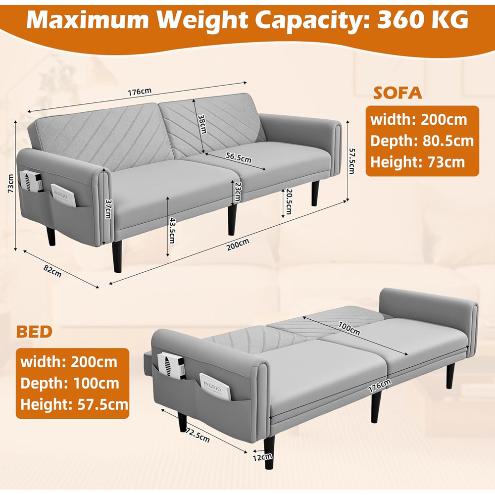Alivio 2-in-1 Single Grey Adjustable Convertible Sofa Bed with Side Pockets Image 9