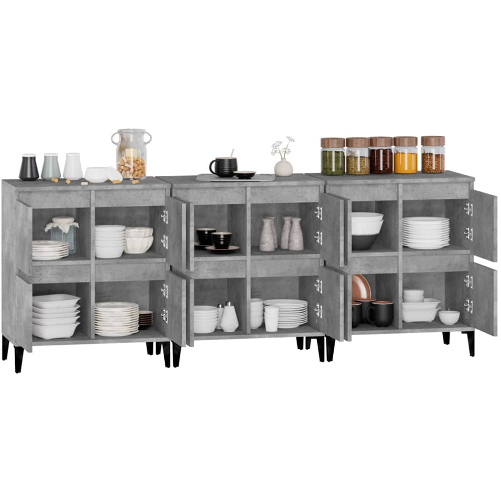 vidaXL 4 Door Concrete Grey Wooden Sideboard Set of 3 Image 5