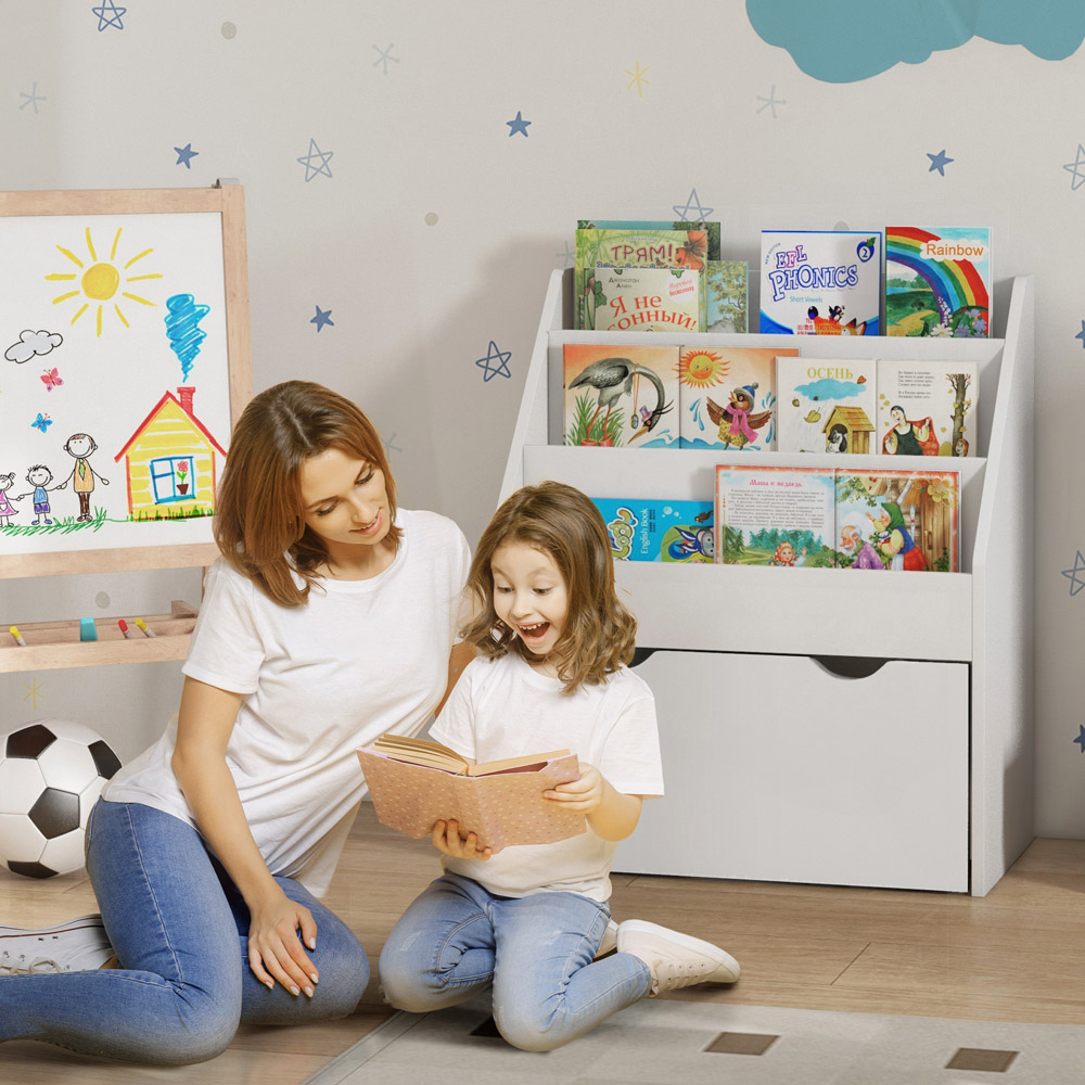 AIYAPLAY Single Drawer 3 Shelf White Kids Bookshelf Image 4