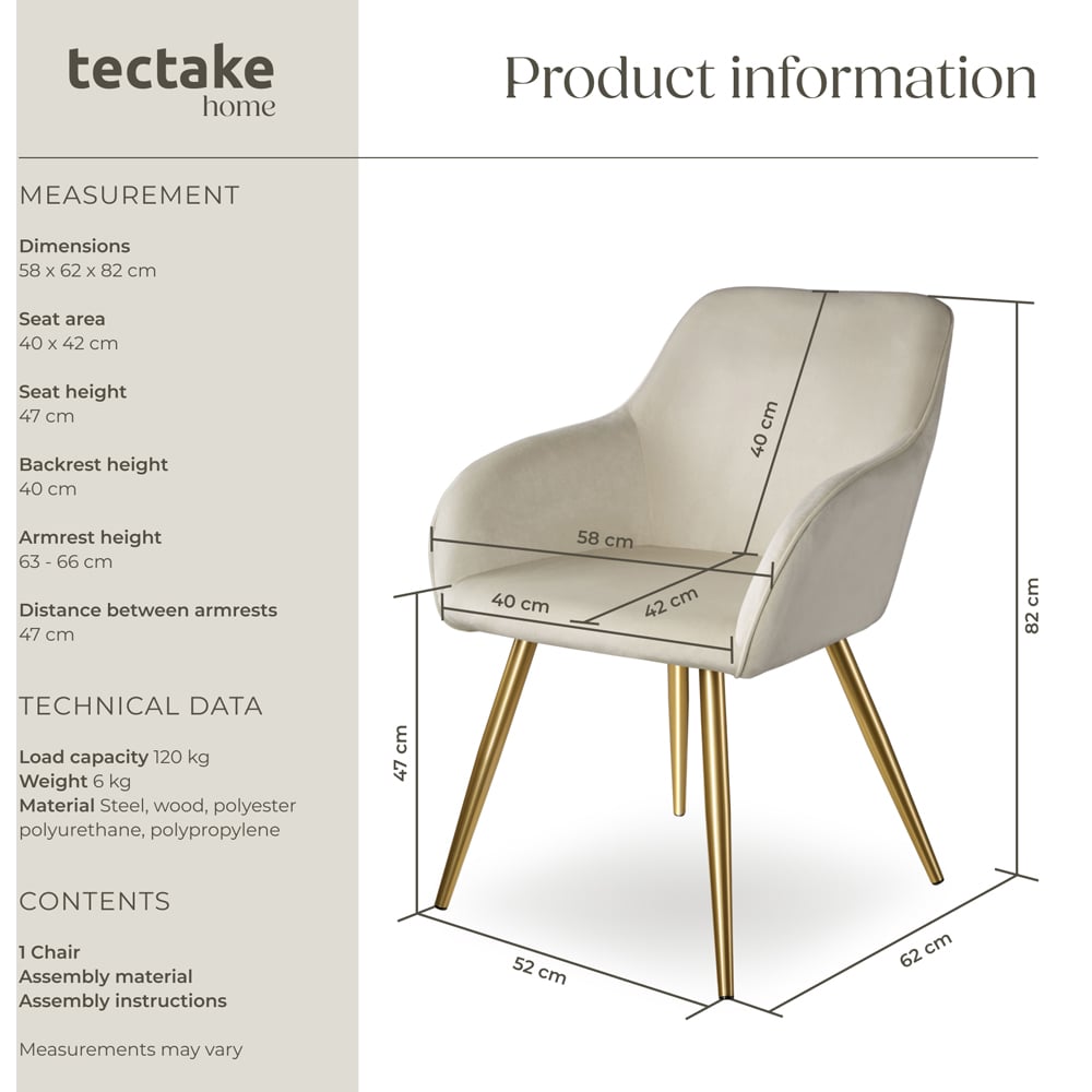 tectake Marilyn Cream and Gold Velvet Look Padded Accent Chair Image 9