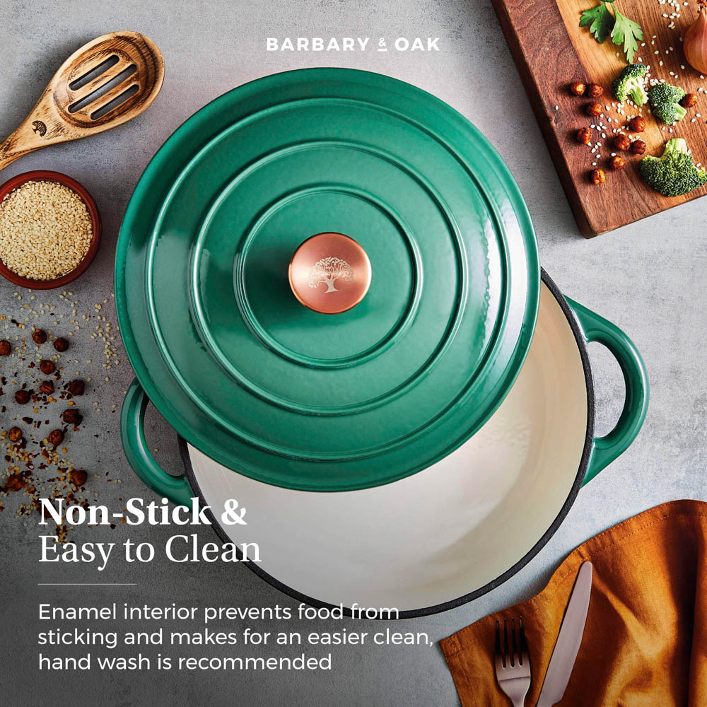 Barbary & Oak 28cm Verdigris Green Cast Iron Shallow Casserole Dish with Domed Lid Image 4