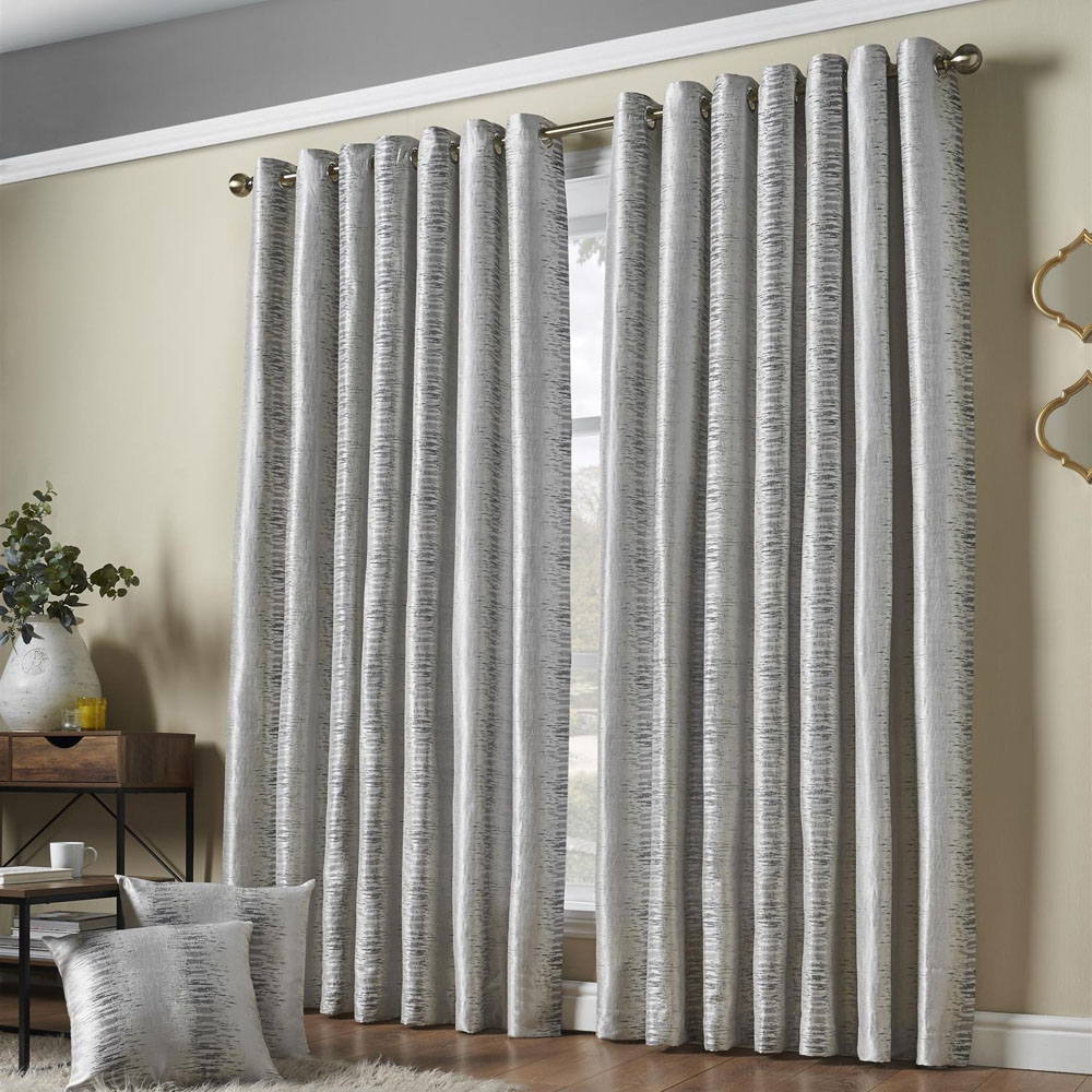 Alan Symonds Flections Silver Jacquard Shimmering Lined Ring Top Eyelet Curtains 228 x 183cm Image 1