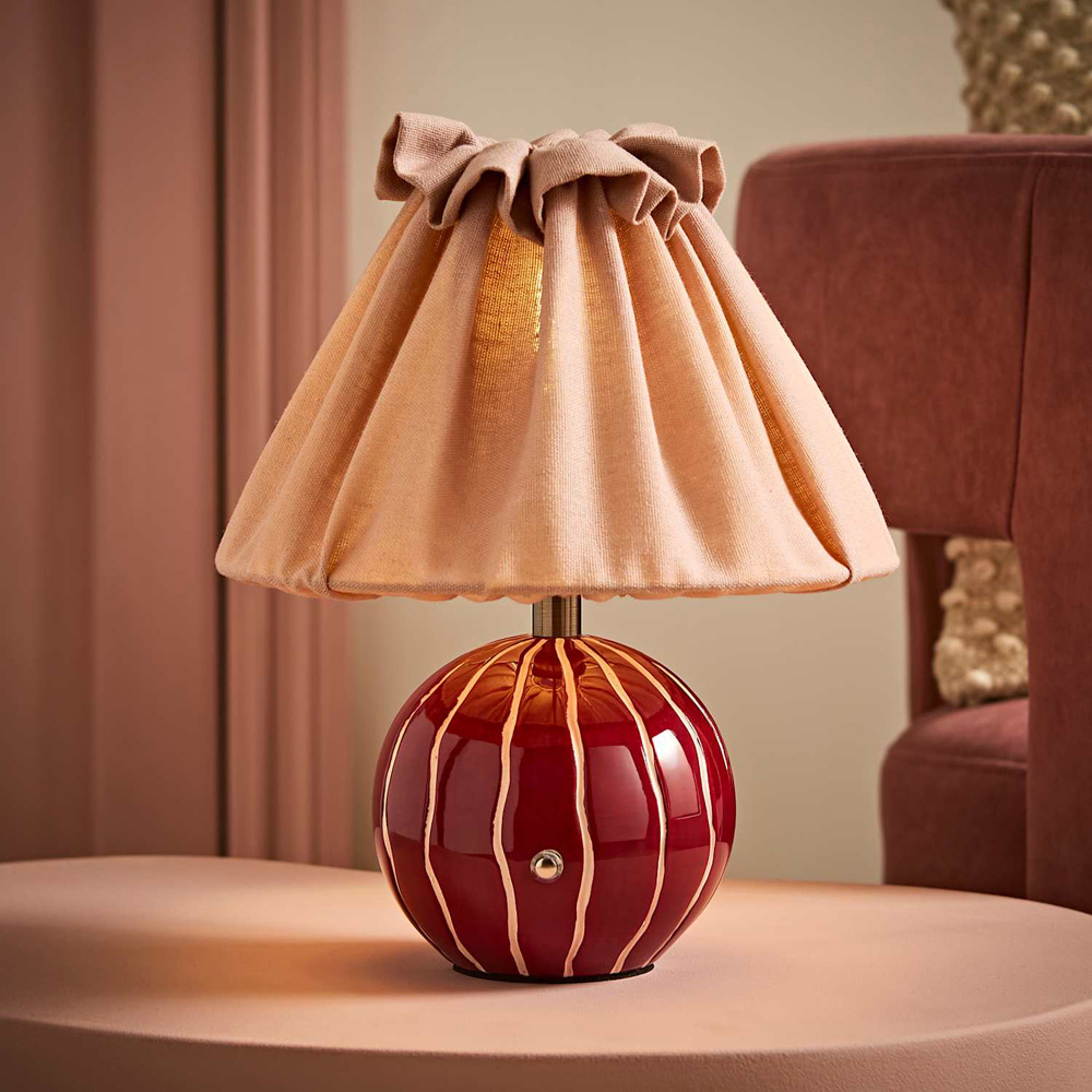 ValueLights Elma Pleated Linen Burgundy Stripe Ceramic Rechargeable Table Lamp Image 6
