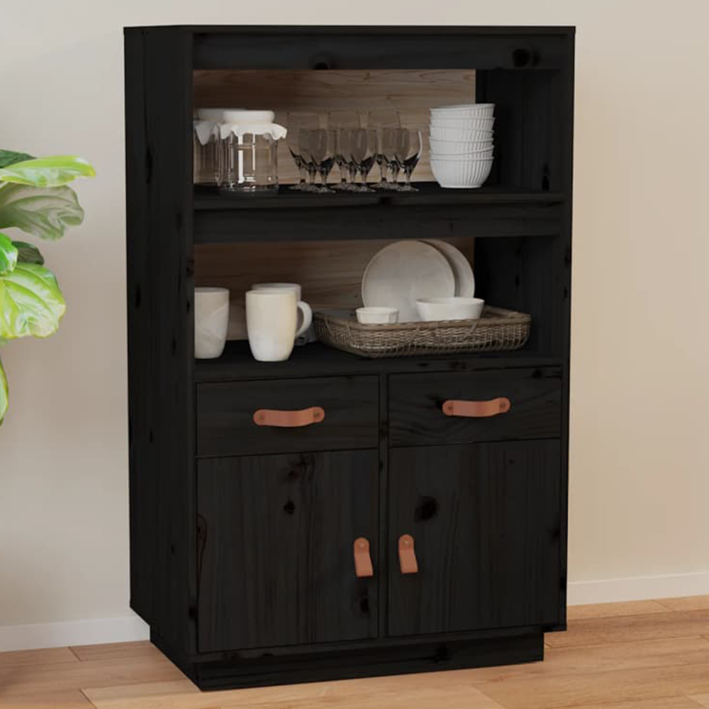 vidaXL 2 Door 2 Drawer 2 Shelf Black Pine Wood Highboard Image 1