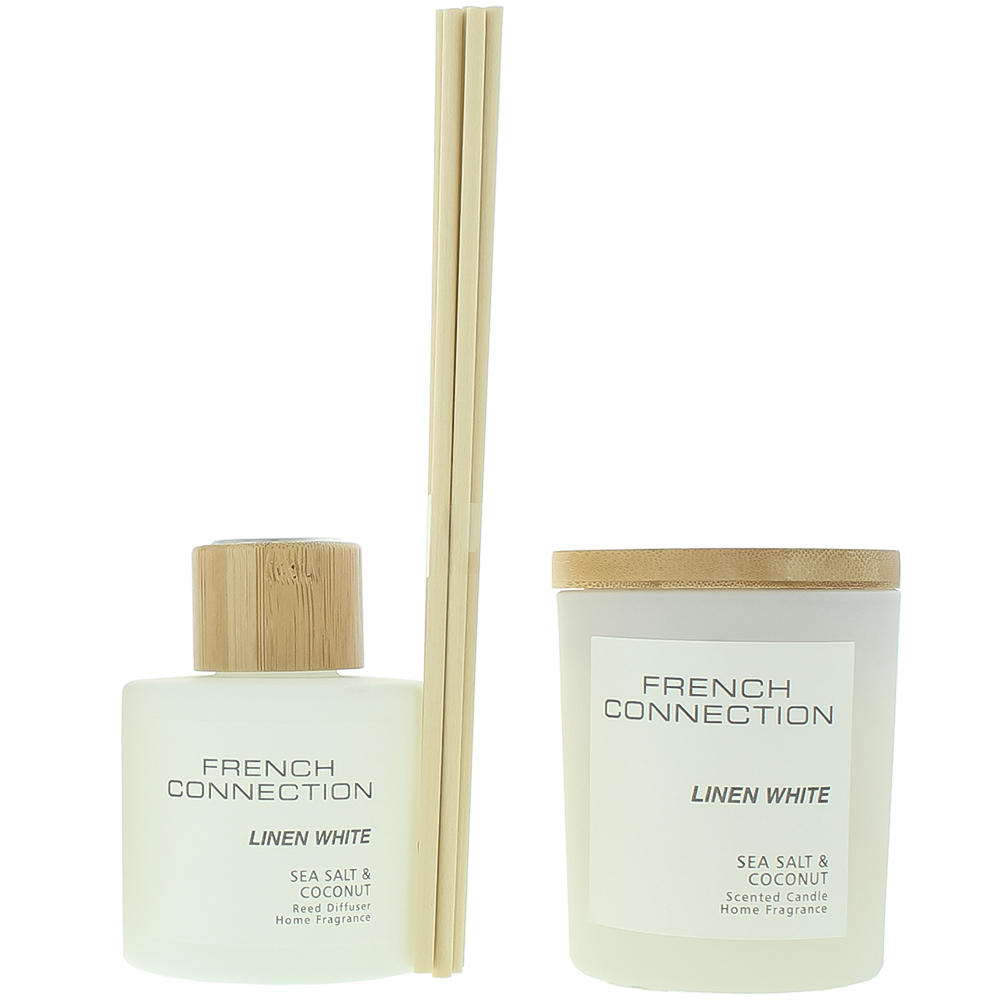 French Connection Linen White Sea Salt and Coconut Diffuser and Scented Candle 2 Piece Gift Set Image 2