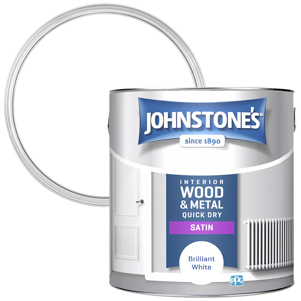 Johnstone's Quick Dry One Coat Wood & Metal Brilliant White Satin Paint 2.5L Image 1