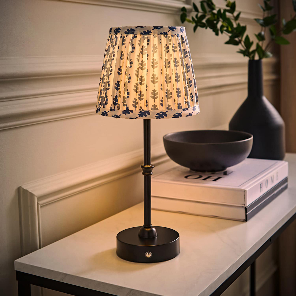 ValueLights Lowe Blue Ditsy Floral Pleated Shade Black Rechargeable Table Lamp with Bulb Image 2