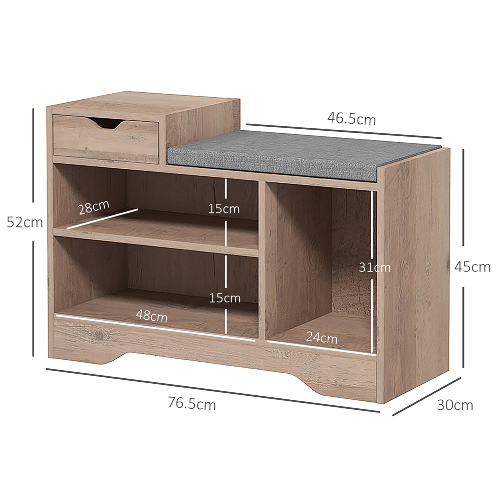 HOMCOM Single Drawer 3 Shelf Distressed Grey Upholstered Shoe Bench Image 9
