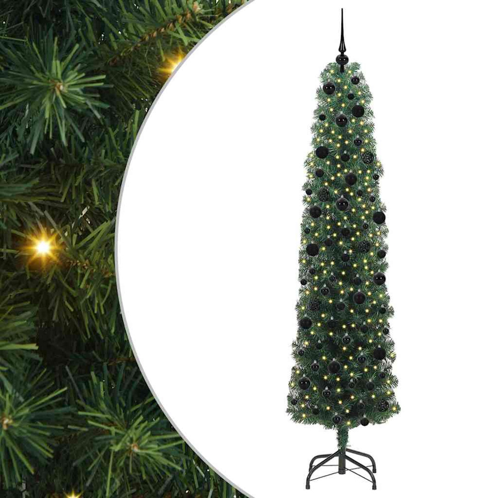 vidaXL Green Artificial Christmas Tree with LEDs Black Decoration Ornaments 8ft Image 2