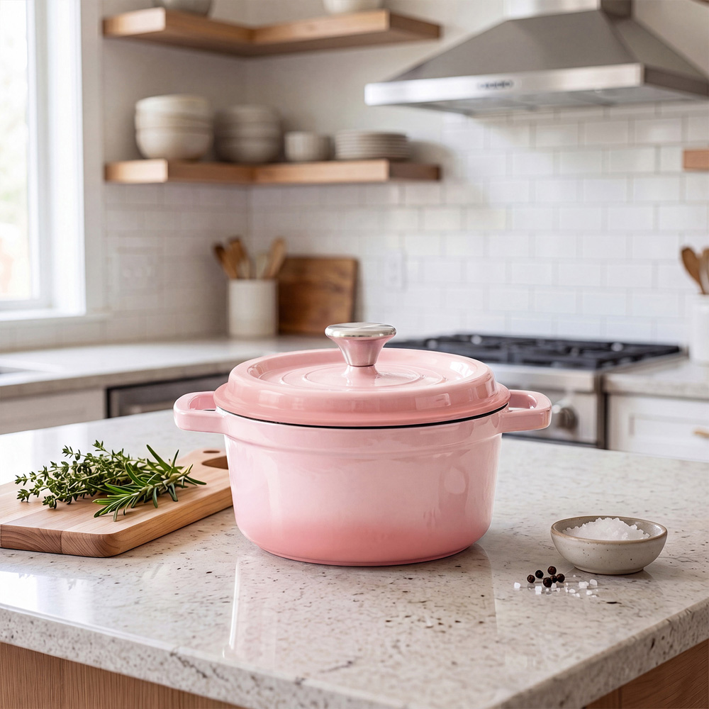 Living and Home Gradient Pink Enamelled Cast Iron Dutch Oven Pot 4L Image 2