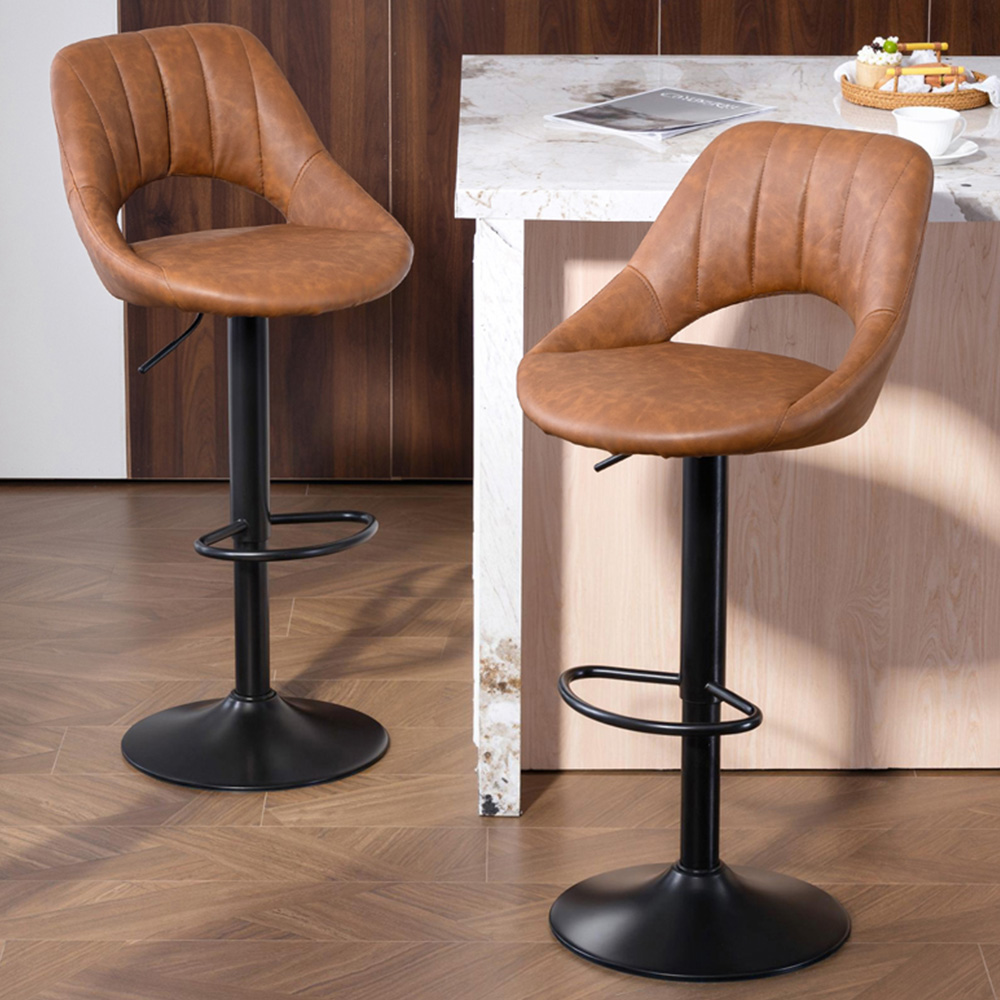 Portland Set of 2 Brown Swivel Bar Stool with Backrest and Footrest Image 1