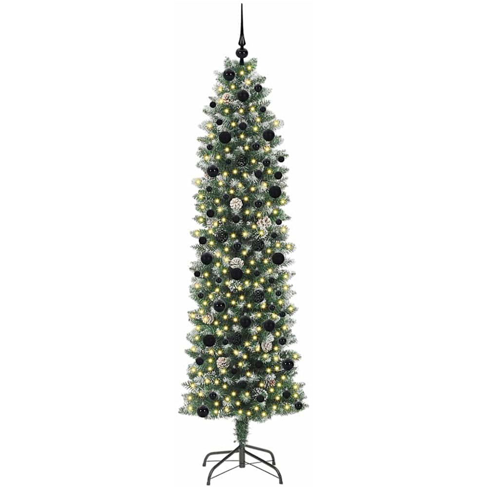 vidaXL Pre-Lit Warm White LED and Black Baubles Green Slim Artificial Christmas Tree 8ft Image 1