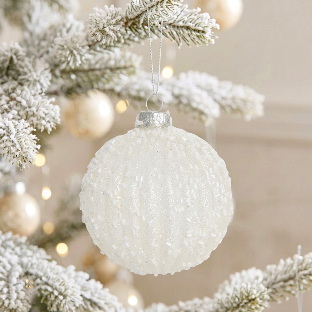 Glitter Beaded Bauble White - White Image 2