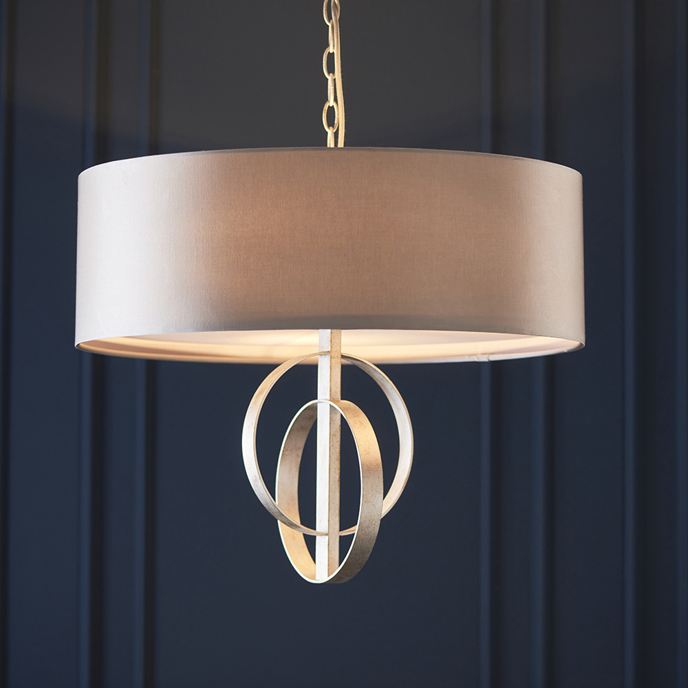 Merano Trento Antique Silver and Mink Satin Fabric 5 Light Pendant Ceiling Light Image 2