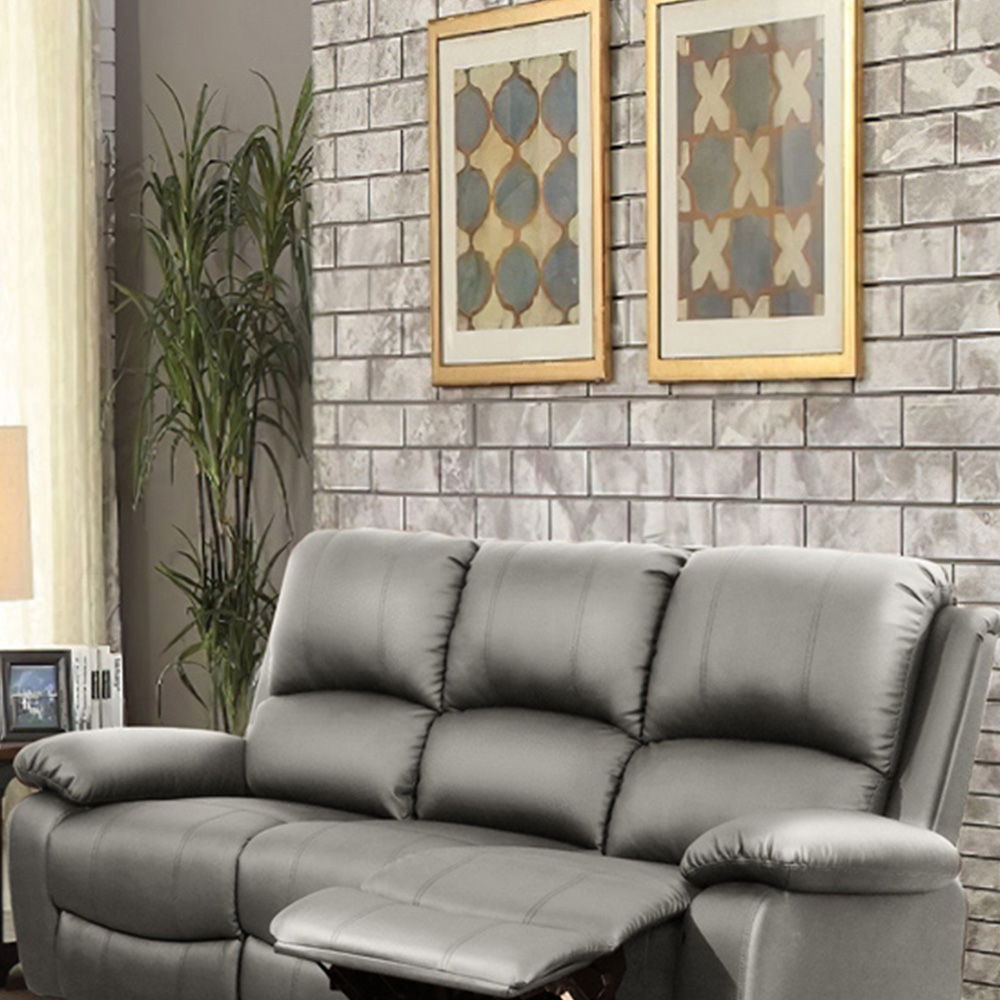 Brooklyn 5 Seater Light Grey Bonded Leather Manual Recliner Sofa Set Image 3