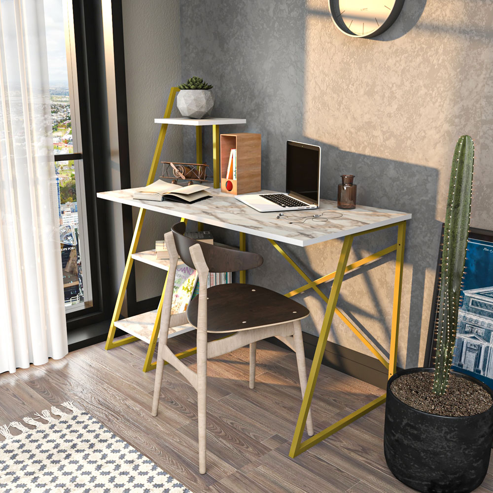 Decorotika Admira Gold and White Marble Effect Modern Computer Desk Image 4