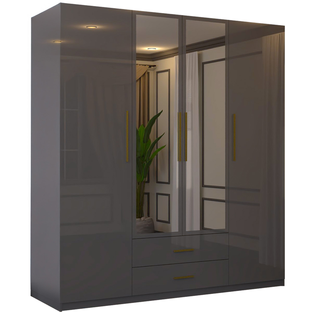 Sliding Wardrobes 4U XD1 4 Door 2 Drawer Grey High Gloss Gold Handle Mirror Wardrobe Image 2