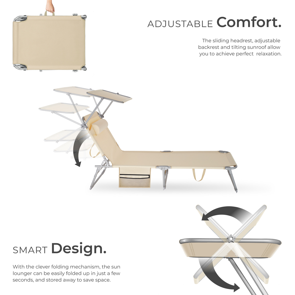 tectake Beige Foldable Sun Lounger with Sun Canopy Image 3