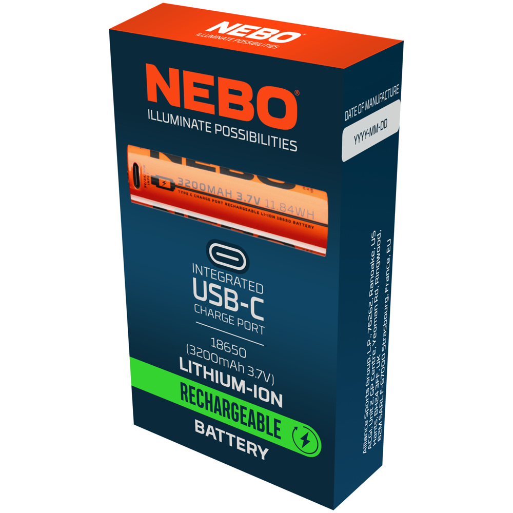 Nebo 18650 3.7V 3200mAh Lithium-Ion Advanced Rechargeable Battery with USB-C Charge Port Image 2