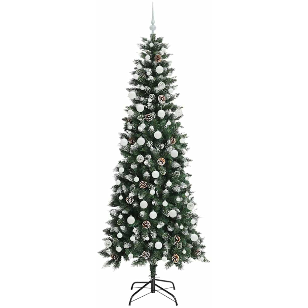 vidaXL Pre-Lit White Baubles Green Artificial Snow Tipped Christmas Tree 7ft Image 4