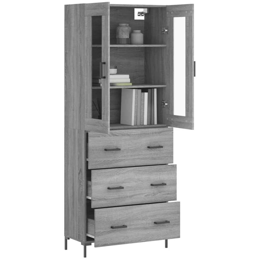 vidaXL 2 Glass Door 3 Drawer Grey Sonoma Highboard with Black Handle Image 3