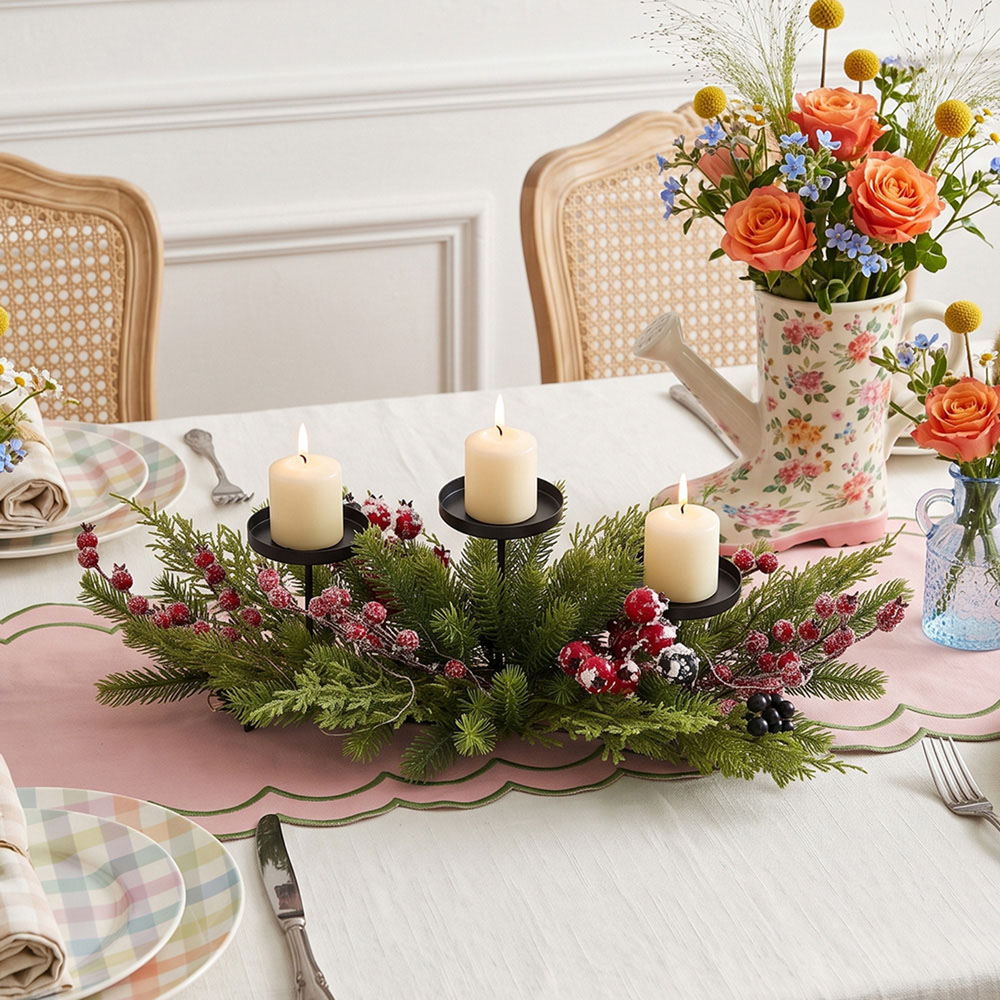 Living and Home Christmas LED 3 Head Candle Holder with Snow Flocked Berries Image 7