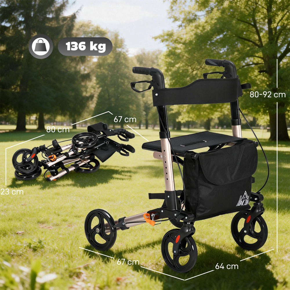 HOMCOM Gold Tone 4-Wheel Foldable Rollator Walker with Seat and Storage Bag Image 9