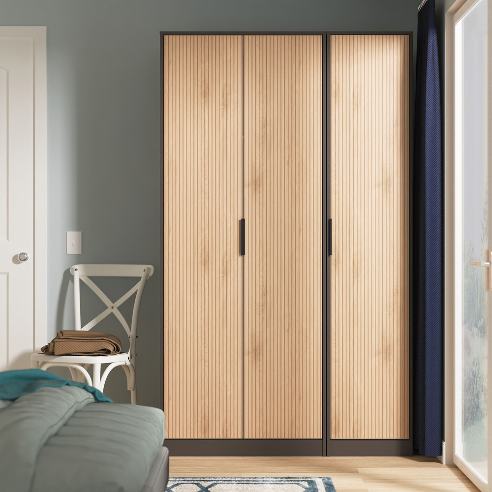Crowndale Hong Kong 3 Door Slatt Effect and Graphite Tall Wardrobe Ready Assembled Image 9