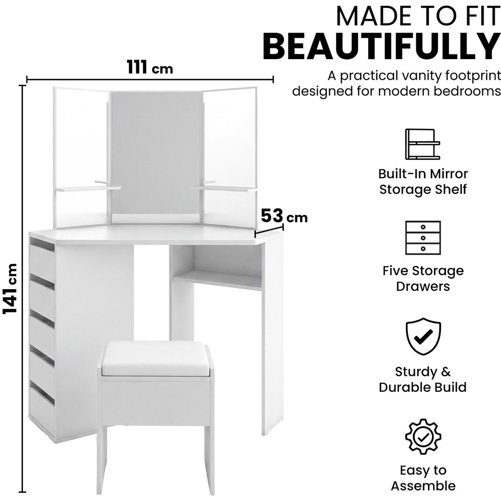 Portland 5 Drawer White Corner Dressing Table Set with Mirror Image 8