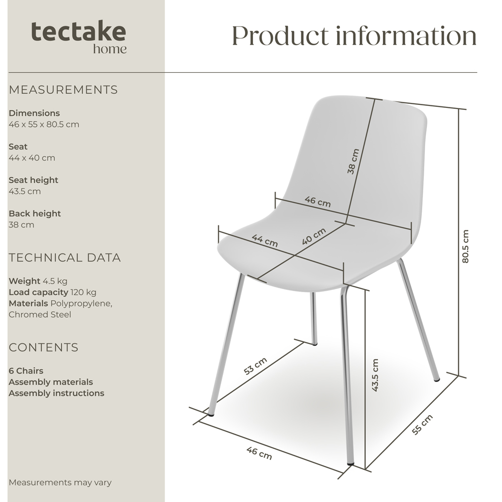 tectake Mave Set of 6 White and Chrome Dining Chair Image 9