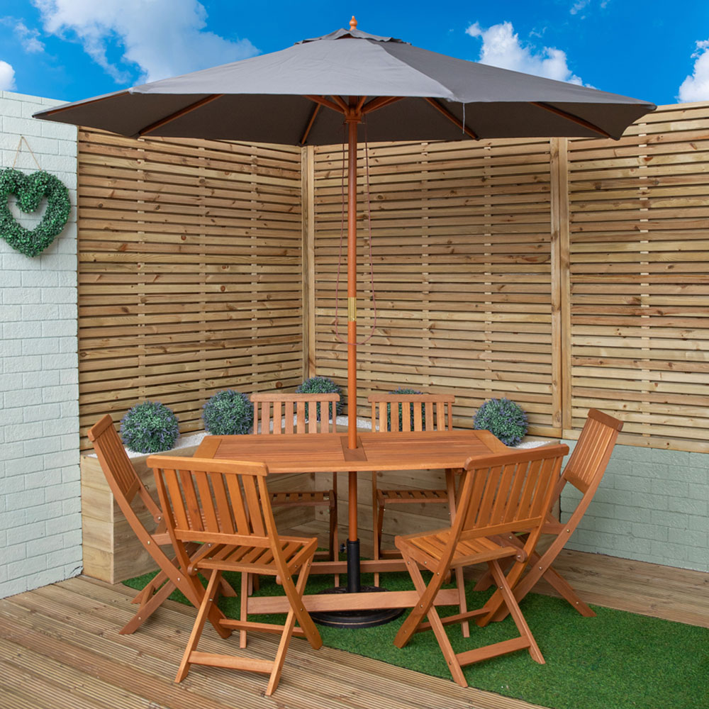Samuel Alexander 6 Seater Wooden Rectangular Foldable Dining Set with Grey Parasol and Base Image 1