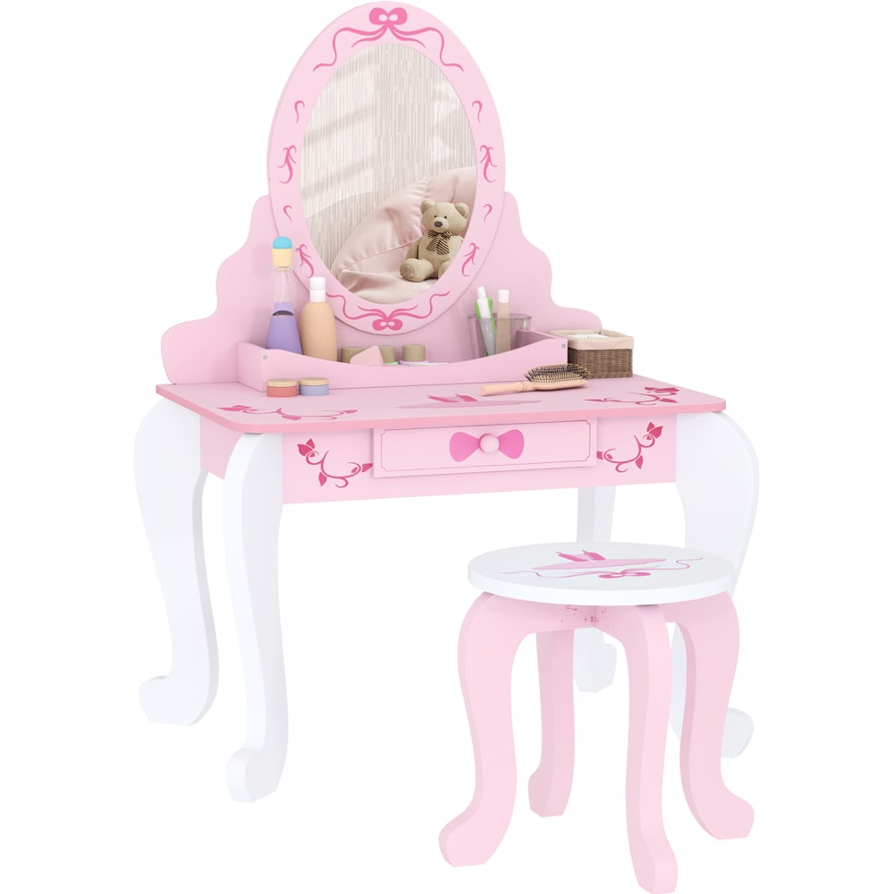 AIYAPLAY 2 Piece Pink Round Mirror Kids Dressing Table Set Image 2