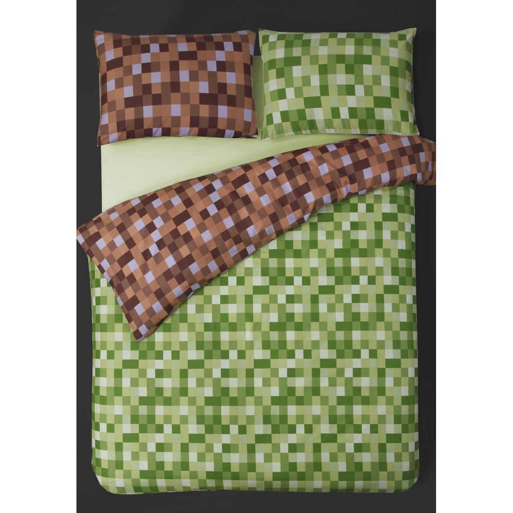 Velosso Single Green and Brown Pixel-Inspired Checkered Pattern Reversible Duvet Cover Set Image 2