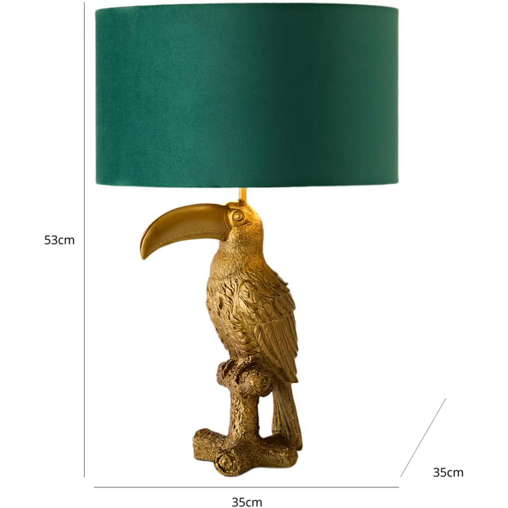 ValueLights Tuki Toucan Gold and Green Velvet Shade Brushed Bronze Table Lamp with Bulb Image 7