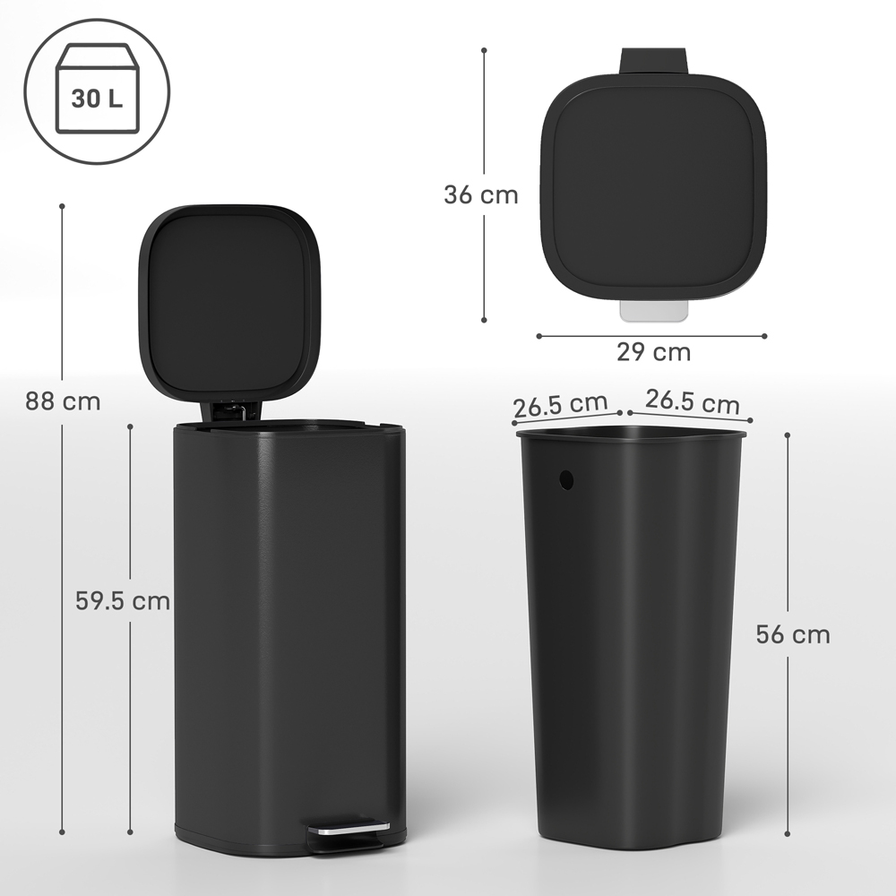 HOMCOM Black Pedal Bin with Removable Inner Bucket and Soft-Close Lid 30L Image 9