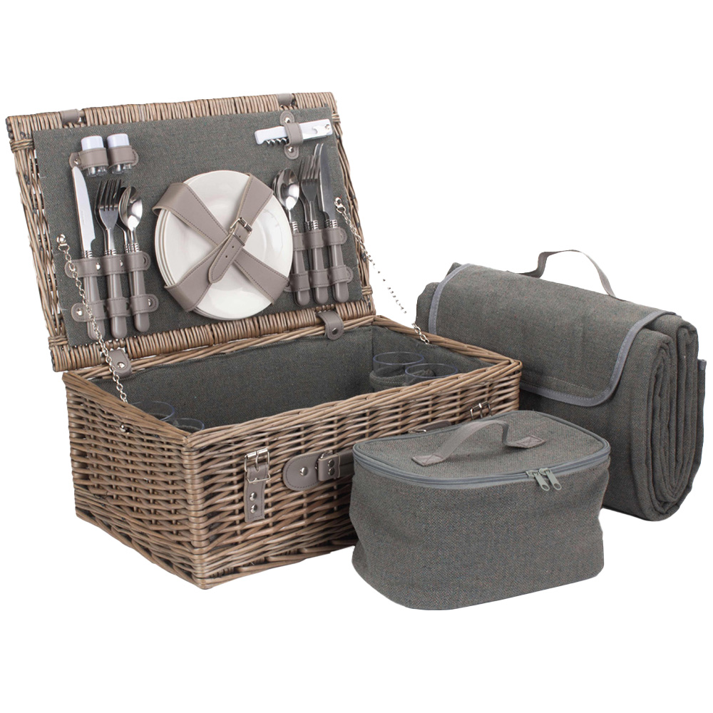 Red Hamper Grey Tweed 4 Person Wicker Fitted Picnic Basket Image 1